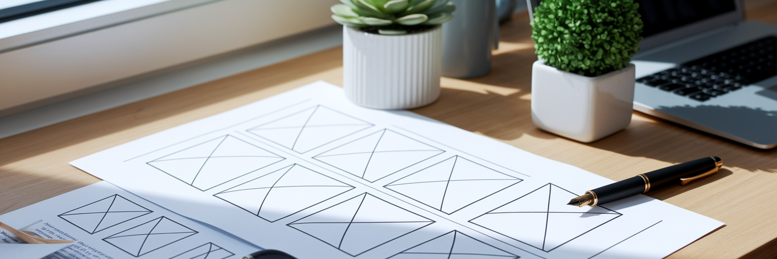 Skisser av minimalistisk webbdesign på ett skrivbord.